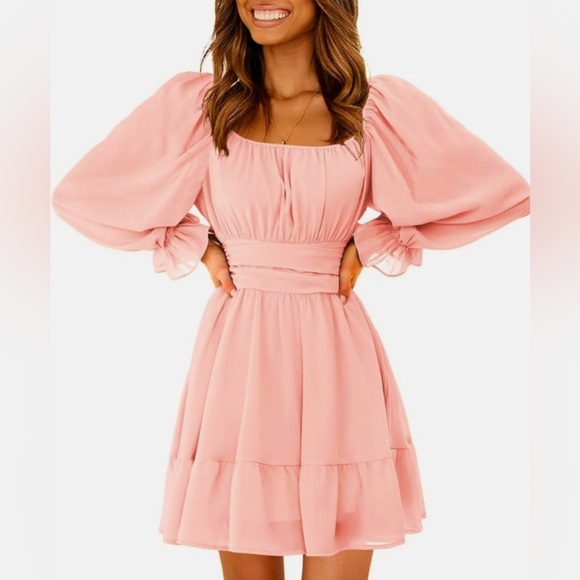 Exlura Peach-Pink Long Lantern Sleeve Ruffle Tie-Back Mini Dress size Medium - Picture 5 of 9